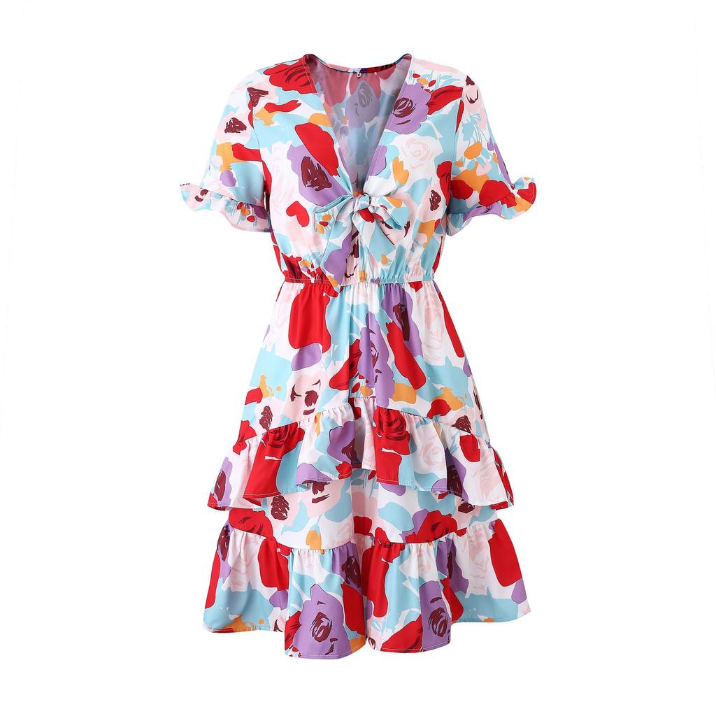 Women Fashion Printed Dress Short Sleeve V-neck Mini Dress Flouncing Hem Bow-tied Summer Dress