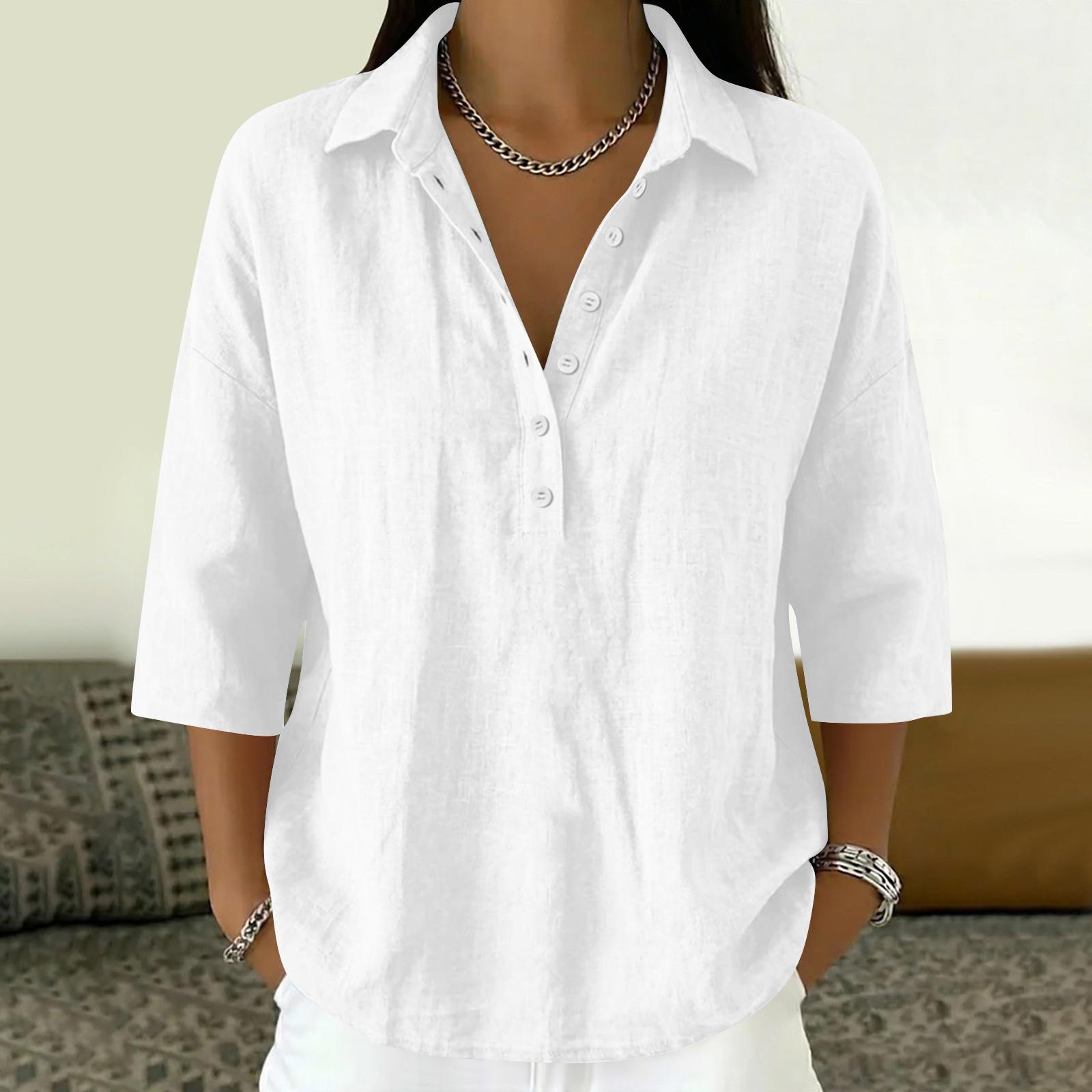 

Women s 3/4 Sleeve Button Up Shirt V Neck Dressy Casual Summer Blouses Business Tops Work Collared Shirts XL білий