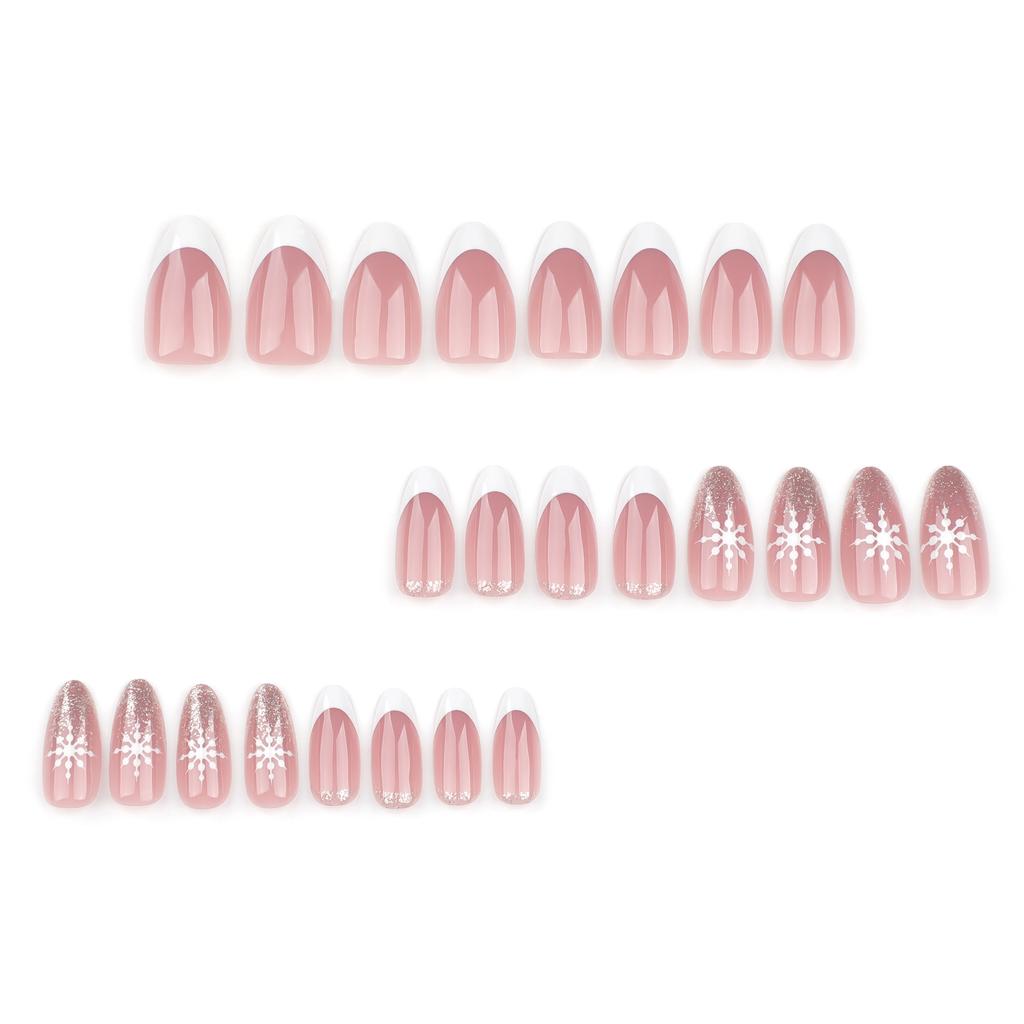 24 Pieces Simple French White Wearing Nail Christmas Snowflake Nail Art Fake Nail Gold Glitter Short Nail Piece