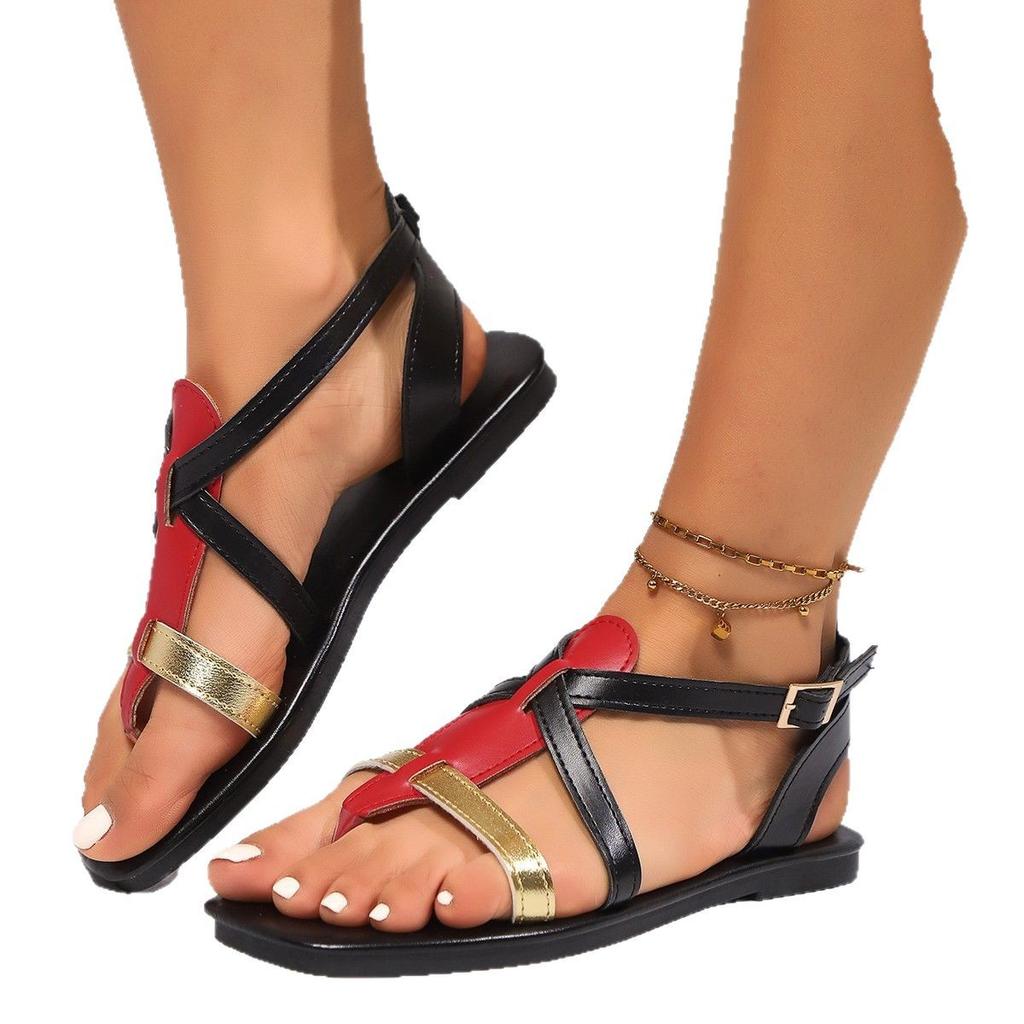 Fashion Summer New Toe Sandals Women's Fashion Round Toe Open Toe Color Block Cross Lace-up One Buckle Strap Soft Sole Flats