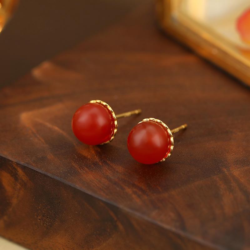 Banyan Tree S925 Silver Chinese Agate Earrings – Retro, Elegant, and Simple Design for Women