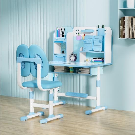 2 ks/sada Dětský psací stůl a židle Nastavitelná výška Psací stůl a židle s korektorem sezení Ergonomická židle ke stolu se stojanem na knihy (Růžová, Modrá)