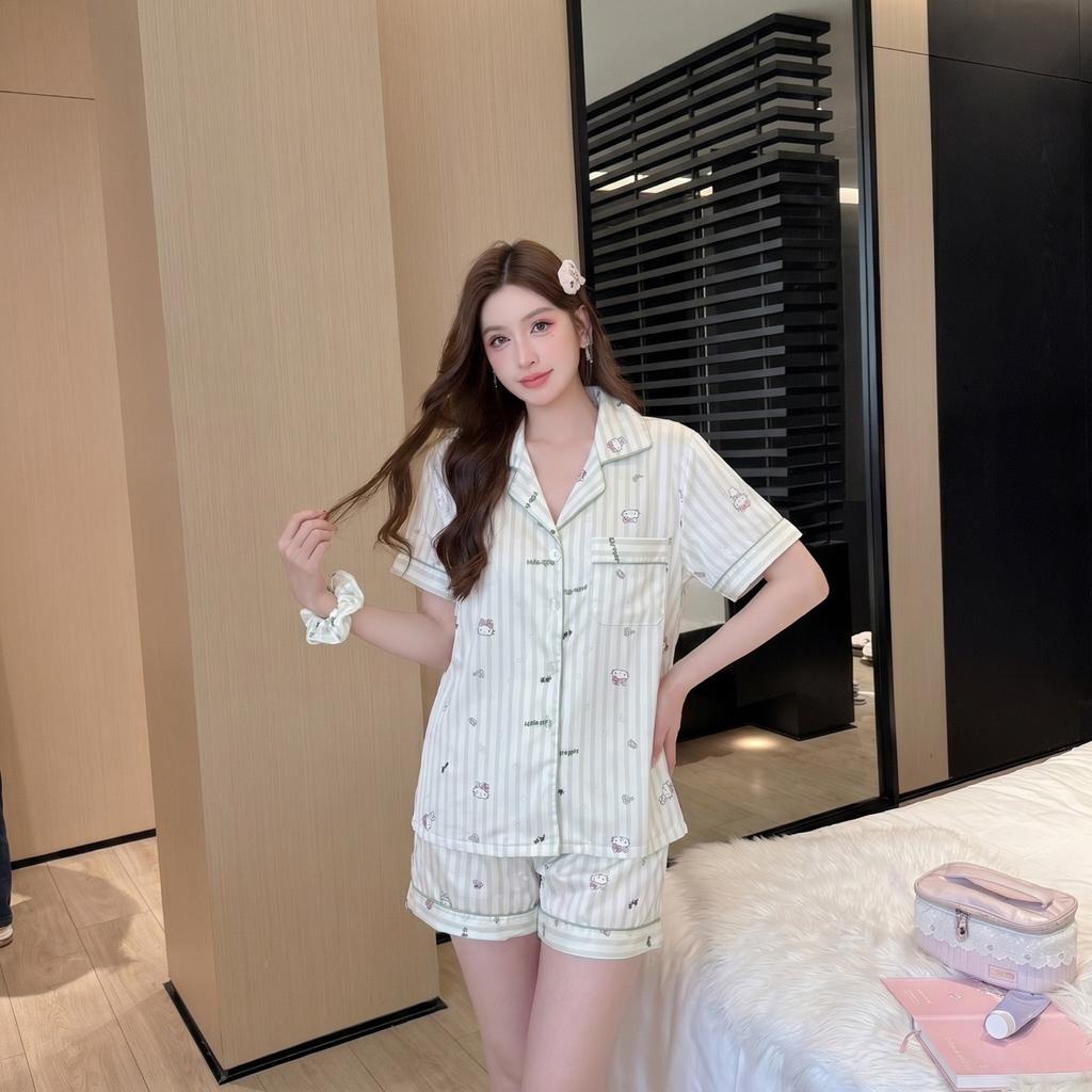 Summer New Girl Student Cartoon Striped Printed Pajamas Cute Ice Silk Thin Short-sleeved Loungewear Two-piece Set