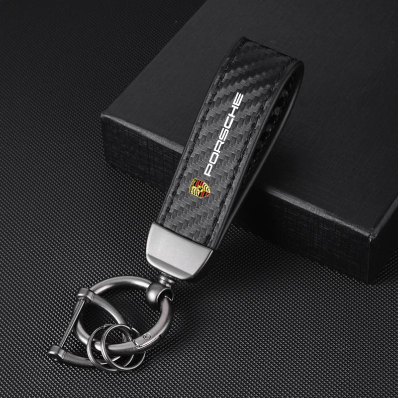 Car Carbon fiber Leather Keychain 3D Emblem Key Ring For Porsche Panamera Cayenne Taycan 911 718 Macan Carrera-GT 928 944 968