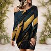 Women Plus Size One Shoulder Chain Strap Long Sleeve Black Blue Printed Bodycon Mini Dress
