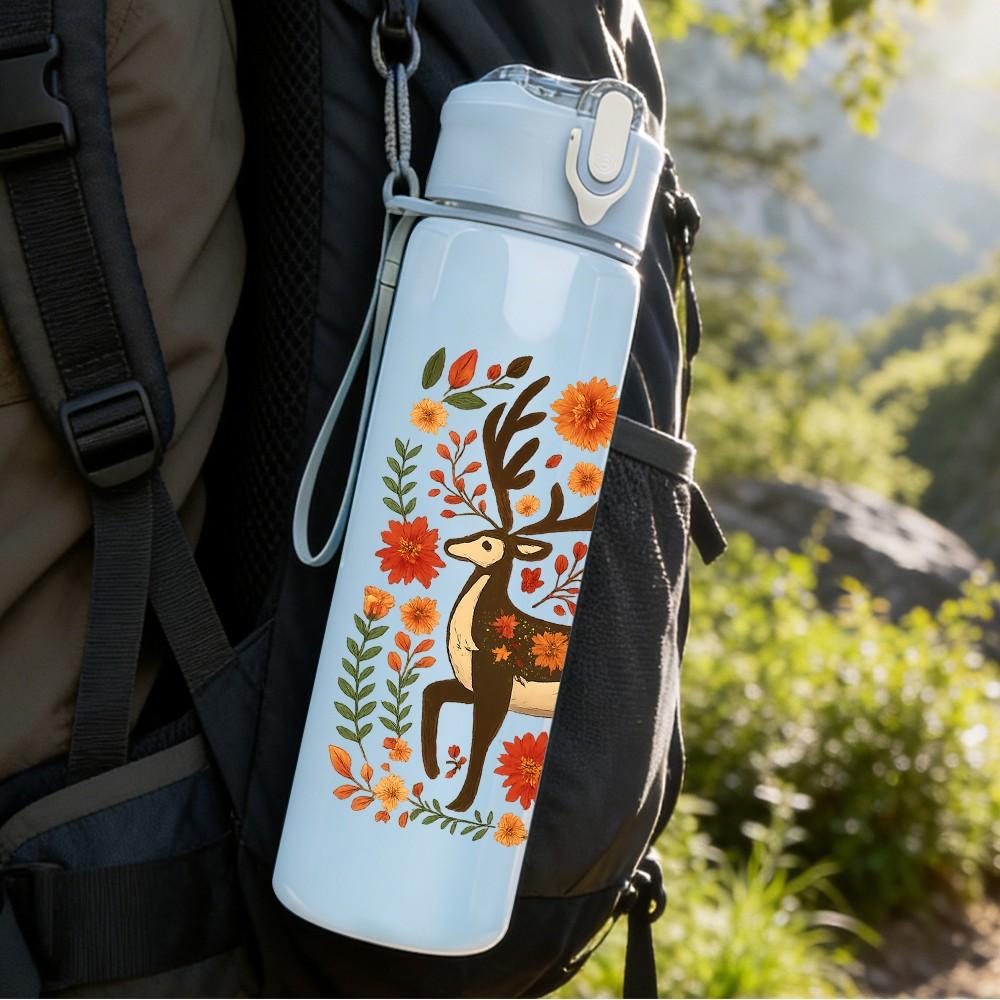 1PC Floral Folk Deer Art 750ml Color Plastic Sports Water Bottle Leakproof Flip Straw Lid Suitable for Sports Office Home Use
