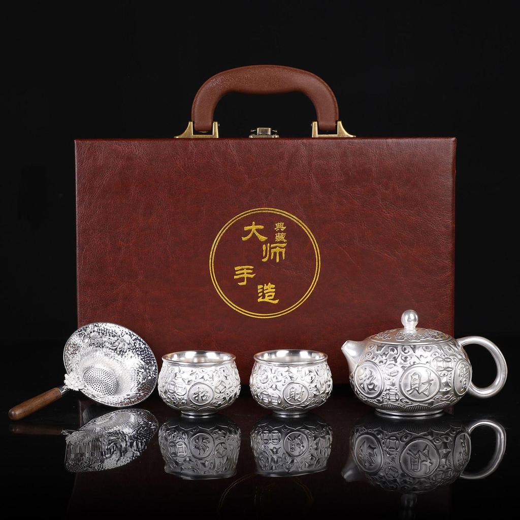 Year of the Dragon Sterling Silver 999 Teapot: Pure Handmade High-End Gongfu Tea Set Souvenir