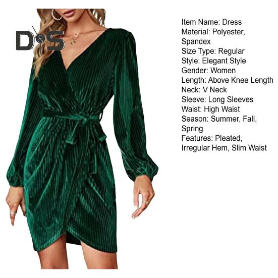 Lady-Dating-Kleid, V-Ausschnitt mit Bindegürtel, schmale Taille, lange Ärmel, Samtstoff, unregelmäßiger Saum, Abendkleid in reiner Farbe, Minikleid für Abschlussball und Party