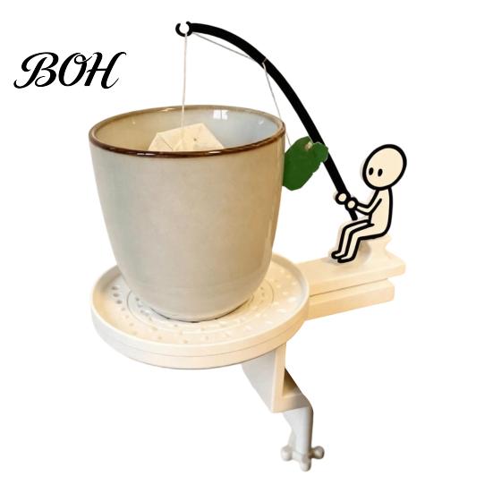 Portable Tea Bag Drip Catcher Fishing Man Holder with Coaster, Cute Stick Figure Minimalist Clip Holder, Funny Desk Cup Catcher, Novelty Accessory for