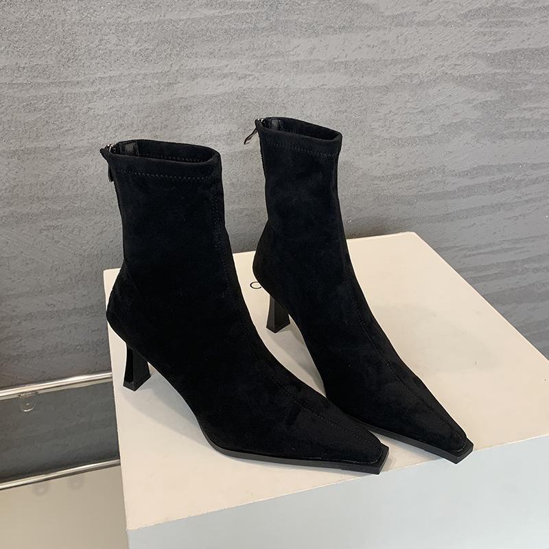 2025 Autumn and Winter New Pointed Thin Heel Sexy Short Boots Women's Black Suede High Heel Rear Zipper Elastic Thin Boots Women