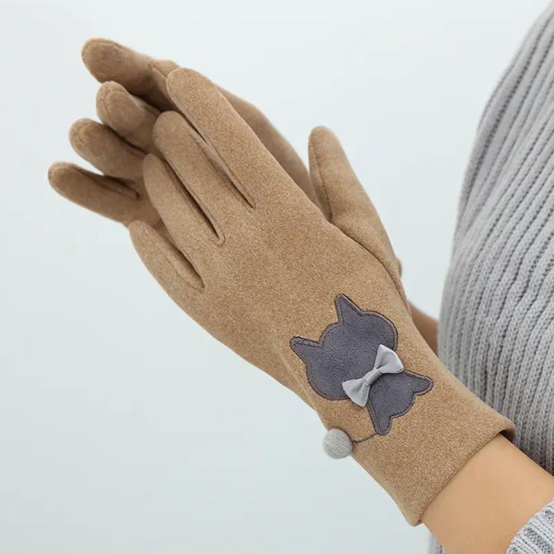 Women Touch Screen Outdoor Gloves Winter Fleece Riding Cat Embroidery Driving Elastic Gloves Warm One Size Fits All