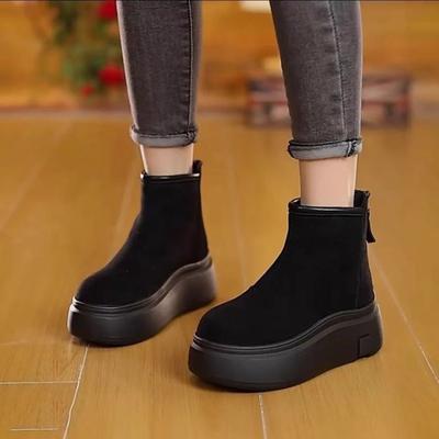 Pantofi cu talpă groasă, Cizme cu vârf rotund care măresc înălțimea, Pantofi de damă, Cizme de gleznă retro călduroase din lână