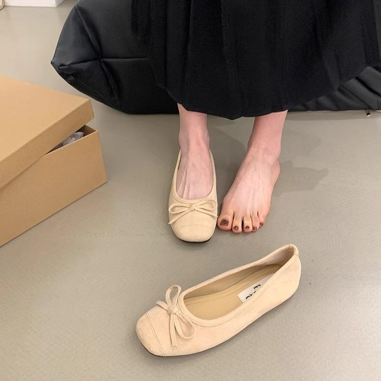 Ziyan suede mint green bow flat-soled single shoes, new round head soft sole shallow mouth grandma shoes in autumn 2025