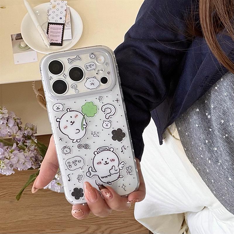 Adorable Cartoon Bear Four-Leaf Clover Phone Case for iPhone 17/16 Pro Max/15/14
