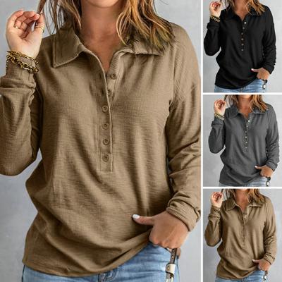 Women Long Sleeve T-Shirt Half Single-breasted Buttons Knitted Blouse Top Loose Elastic Lapel Daily Lady Pullover Shirt