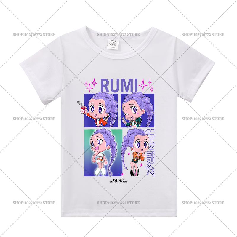 

Kpop Охотники на демонов Детская одежда Футболка с коротким рукавом Милые футболки Руми Зои Миры Харадзюку Топы для мальчиков Девочек Одежда Подарок 110