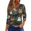Lady's fashionable casual V-neck buttoned Halloween print three-quarter sleeve