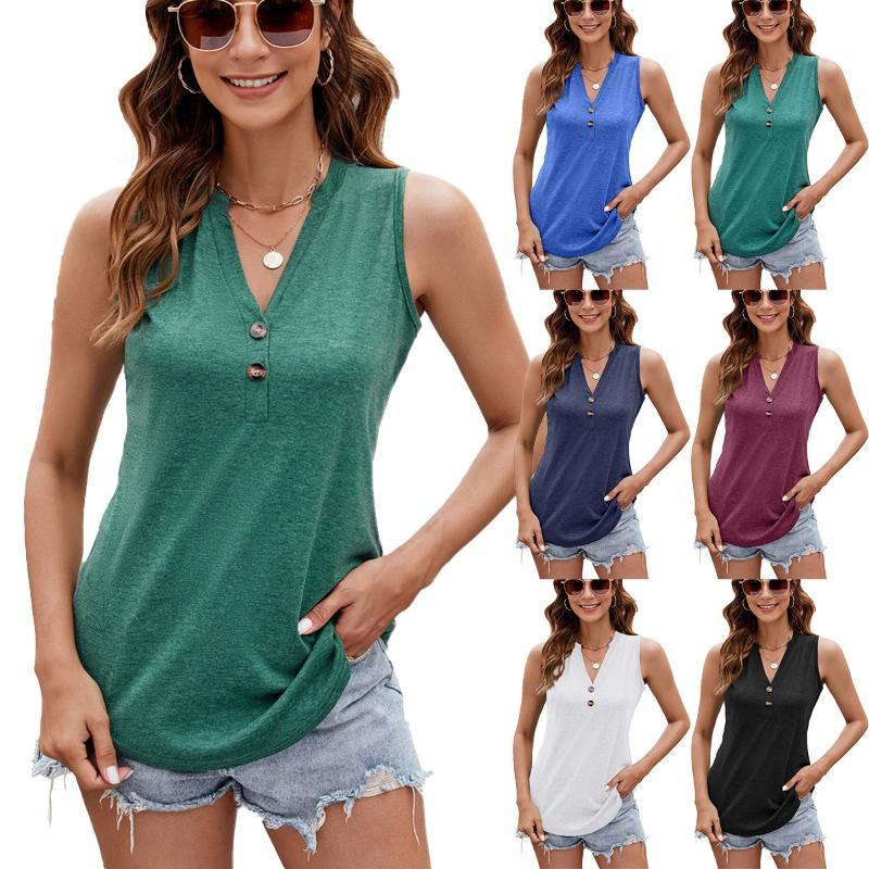 Spring Summer Solid Color V-neck Button Loose Sleeveless Vest T-shirt