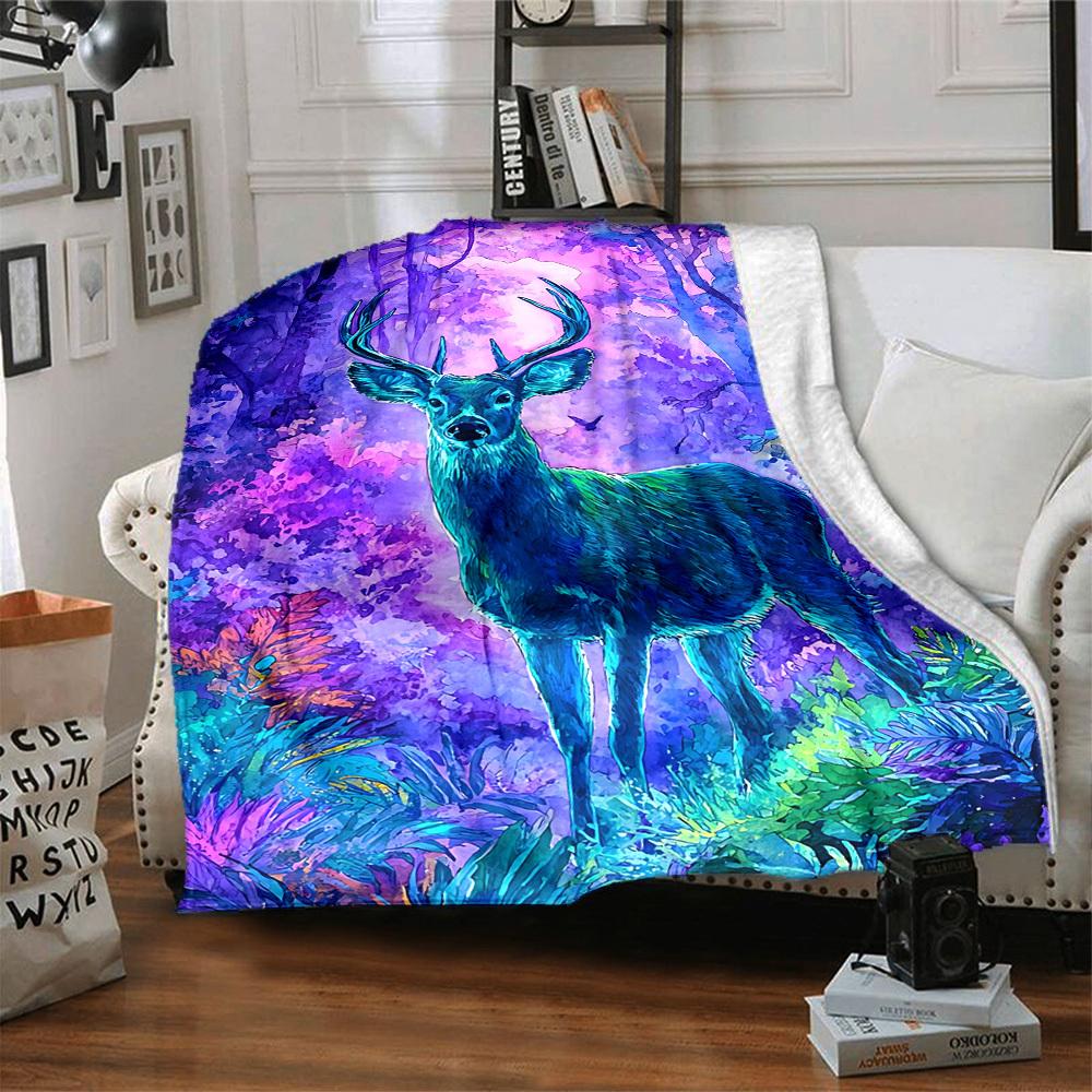 1pc Fantasy Forest Deer Blanket - Lightweight Flannel Fleece with Digital Printing, Soft Warm for Sofa, Travel, Camping, Office yy251018333