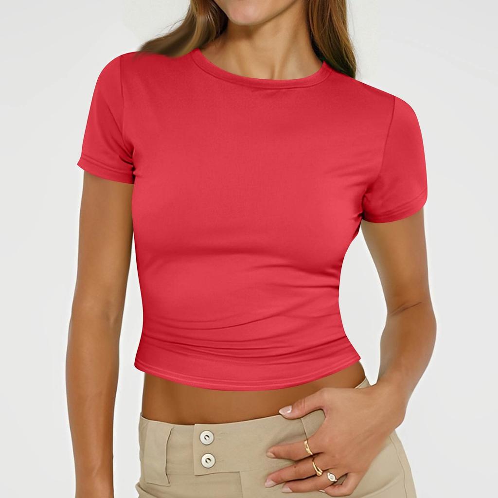 Ladies Summer Fashion Casual Color Round Neck Short Sleeve Slim Ribbed Top