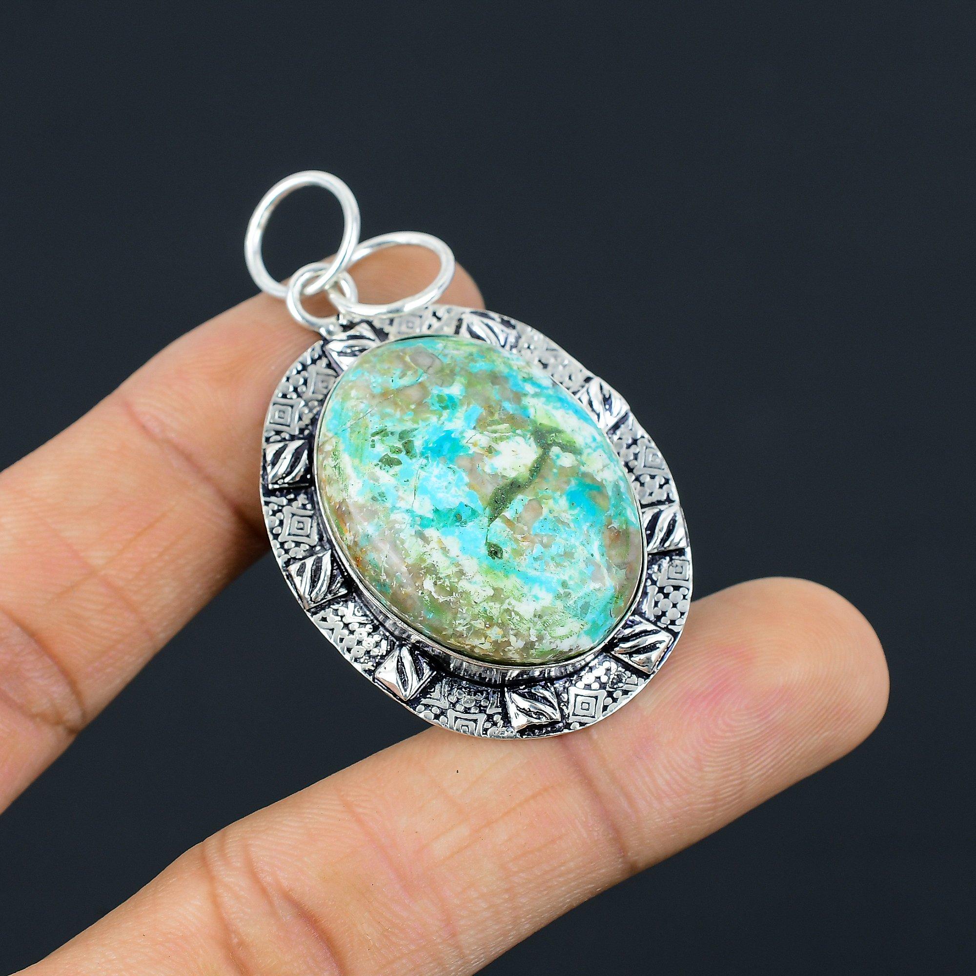 

Natural Chrysocolla Gemstone Pendant 925 Sterling Silver Jewelry For Women