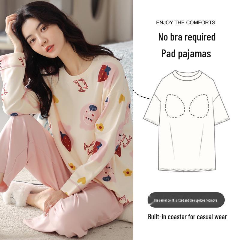 Women's Cartoon Long-Sleeve Pajama Set with Chest Pads – Loose, Casual, Round Neck, Suitable for Spring and Autumn, Indoor and Outdoor Wear