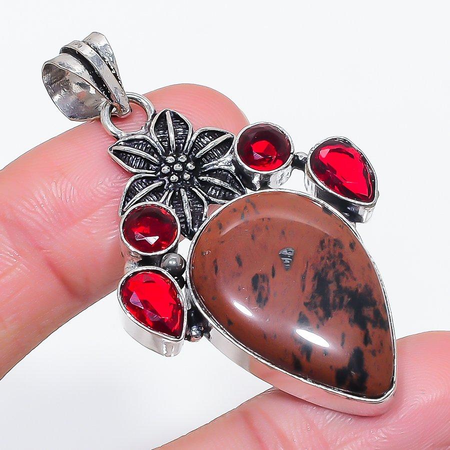 

Natural Mahogany Obsidian, Garnet 925 Sterling Silver Jewelry Pendant 2.21 z9V30