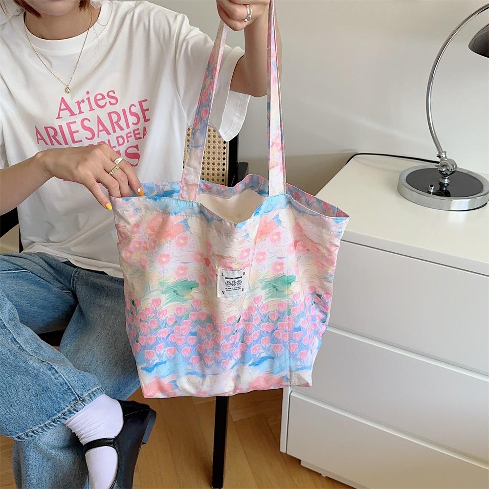 Sweet Flower Ladies Eco Shopping Bags Large Capacity Women's Shoulder Bag Thin Cotton Portable Female Travel Tote Handbags