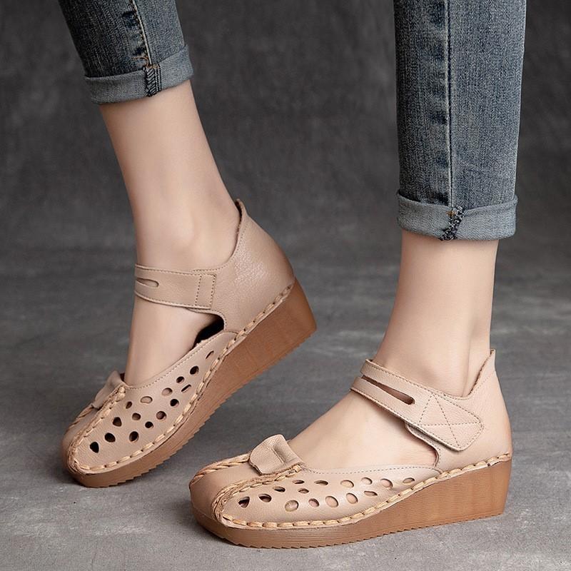 Johnature Versatile Genuine Leather Hollow-out Sandals Retro Hook & Loop Comfortable Women's Wedges Shoes