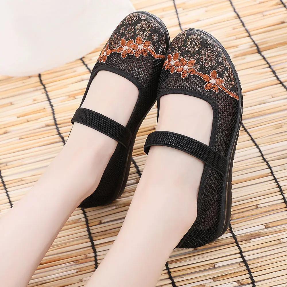 Cloth Shoes Chinese Style Embroidered Cloth Shoes Women Soft Bottom Mesh Breathable Ladies Casual Shoes Sandals Zapatos De Mujer