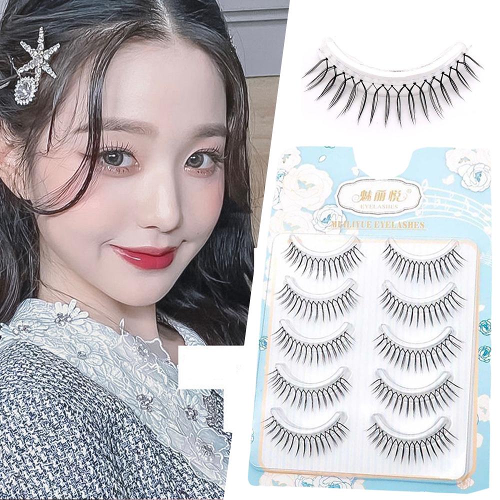 5 Pairs Korean Reusable Fake Eyelashes for Girl Group Thin Transparent Stem Cross Eyelashes Natural U-shaped Lashes Makeup Tools