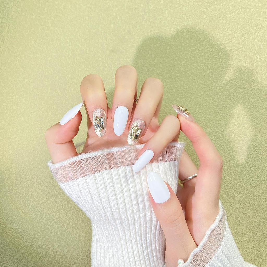 Elegant Milk White Handmade Wearable Nails with Gold Foil & Rhinestones - Versatile Daily Style