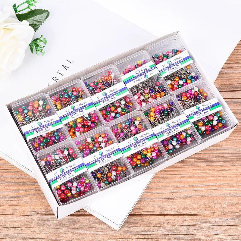 100Pcs/Box 38cm Colorful Round Pearl Head Needles Stitch Straight Push Sewing Pins For Dressmaking DIY Sewing Tools Positioning