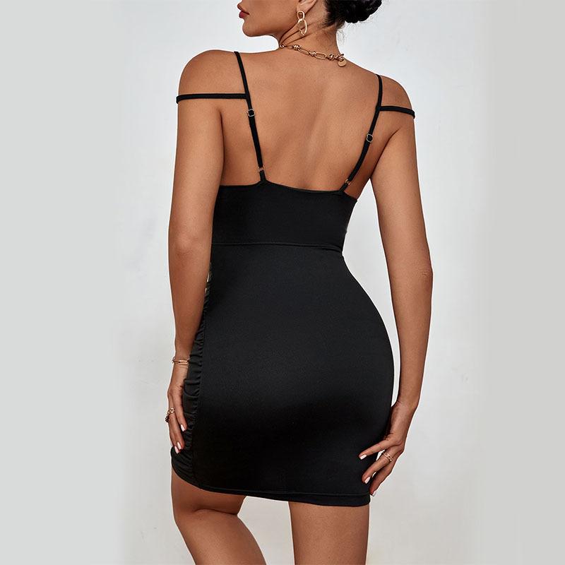 Summer Black Temperament Sexy Suspender Solid Color Pleated Hip Dress