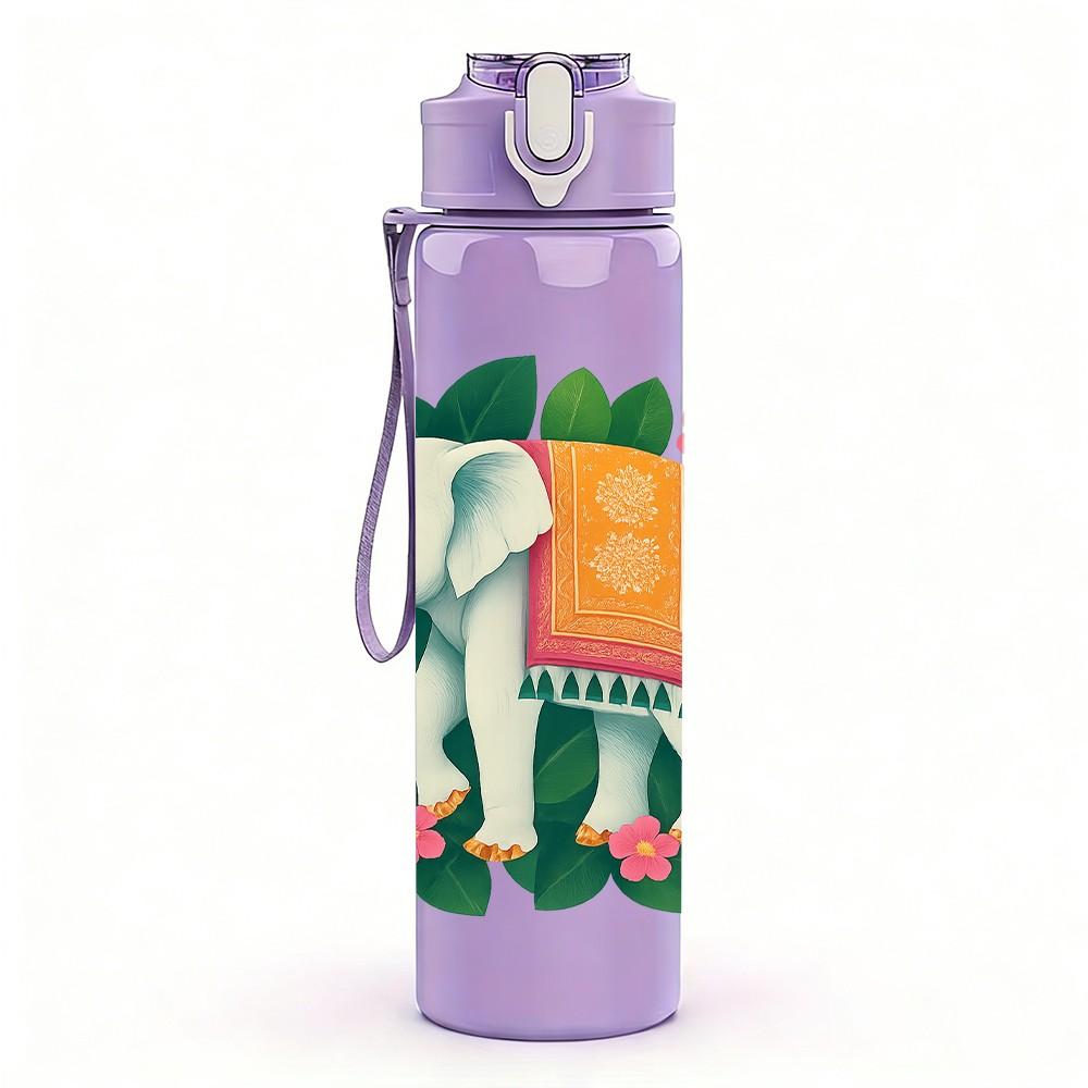 1PC Elephant Green Leaf Floral Print 750ml Color Plastic Sports Water Bottle Leakproof Flip Straw Lid Suitable for Sports Office Home Use