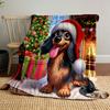 Dachshund In Santa Hat by Fireplace Print Blanket Soft and Cozy Perfect for the Living Room Bed Sofa or a Nap,gift
