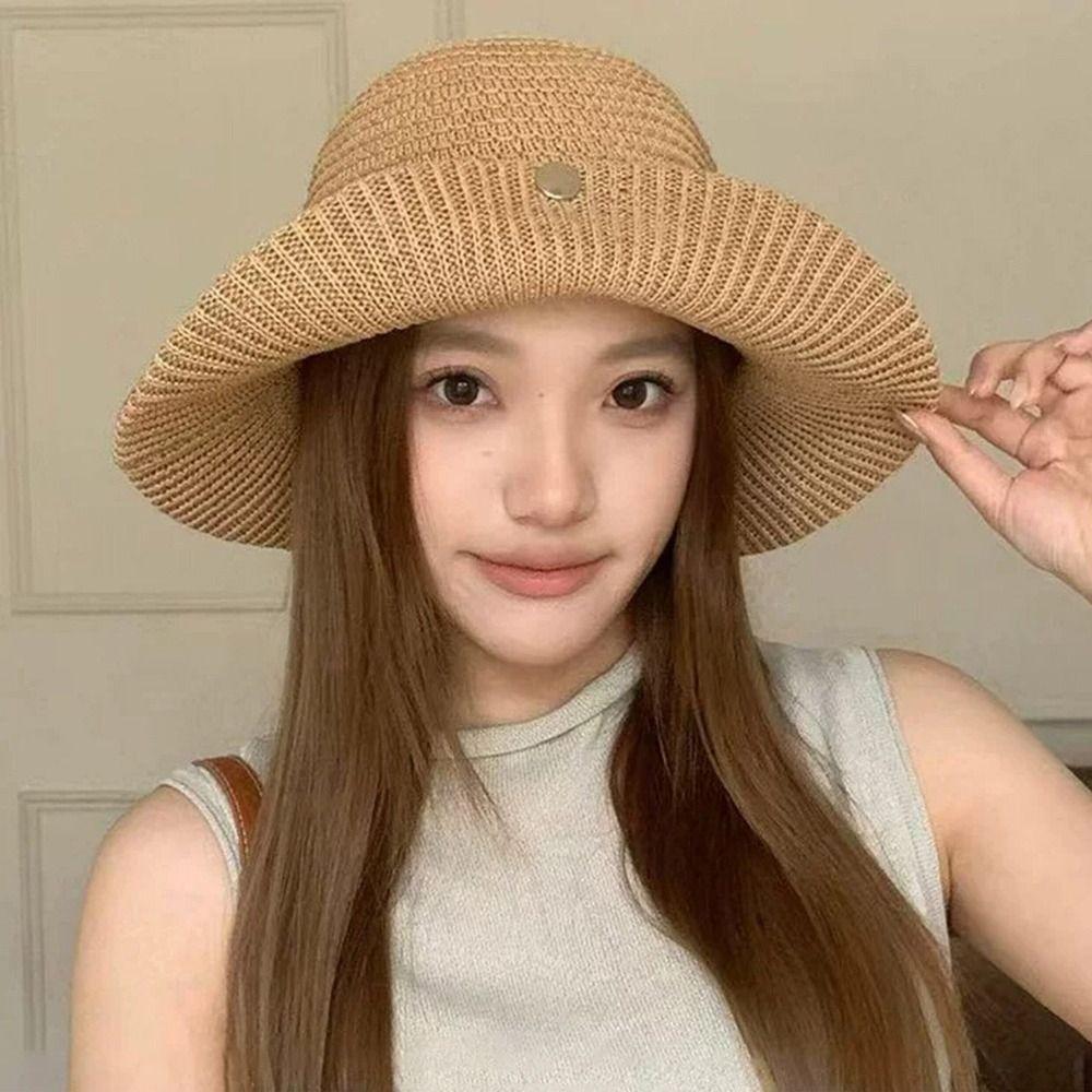 Magnetic Buckle Wide Brim Bucket Hat Thin Straw Female Sunshade Visors Summer Outing