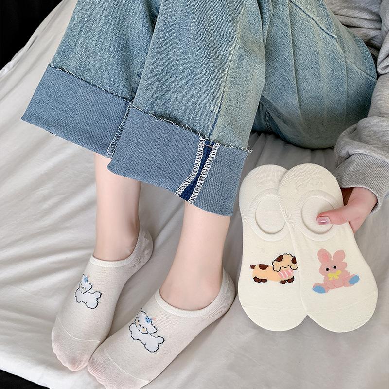 Spring and Summer Thin Socks, Female Cartoon Cute Little Animal Shallow Mouth Boat Socks, Silicone Anti-slip Invisible White Socks
