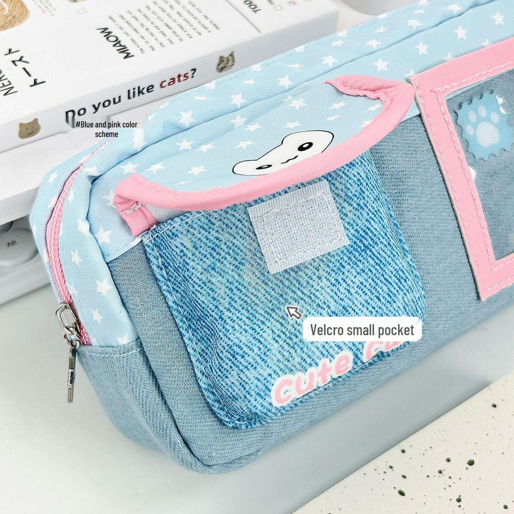 Large Capacity Powder Blue Denim Cat Pencil Case for Middle School, Cute Cartoon Stationery Box with High Appearance Value