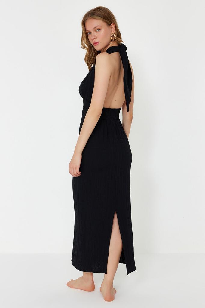 Women's Style Dress Black Maxi Woven Backless Linen Blend Beach Dress