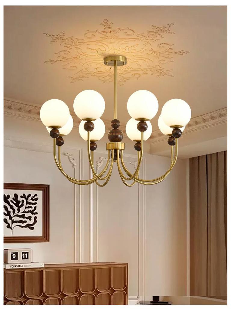 Mid-Century Magic Bean Solid Wood Chandelier: French Retro Light for Living Room or Bedroom.