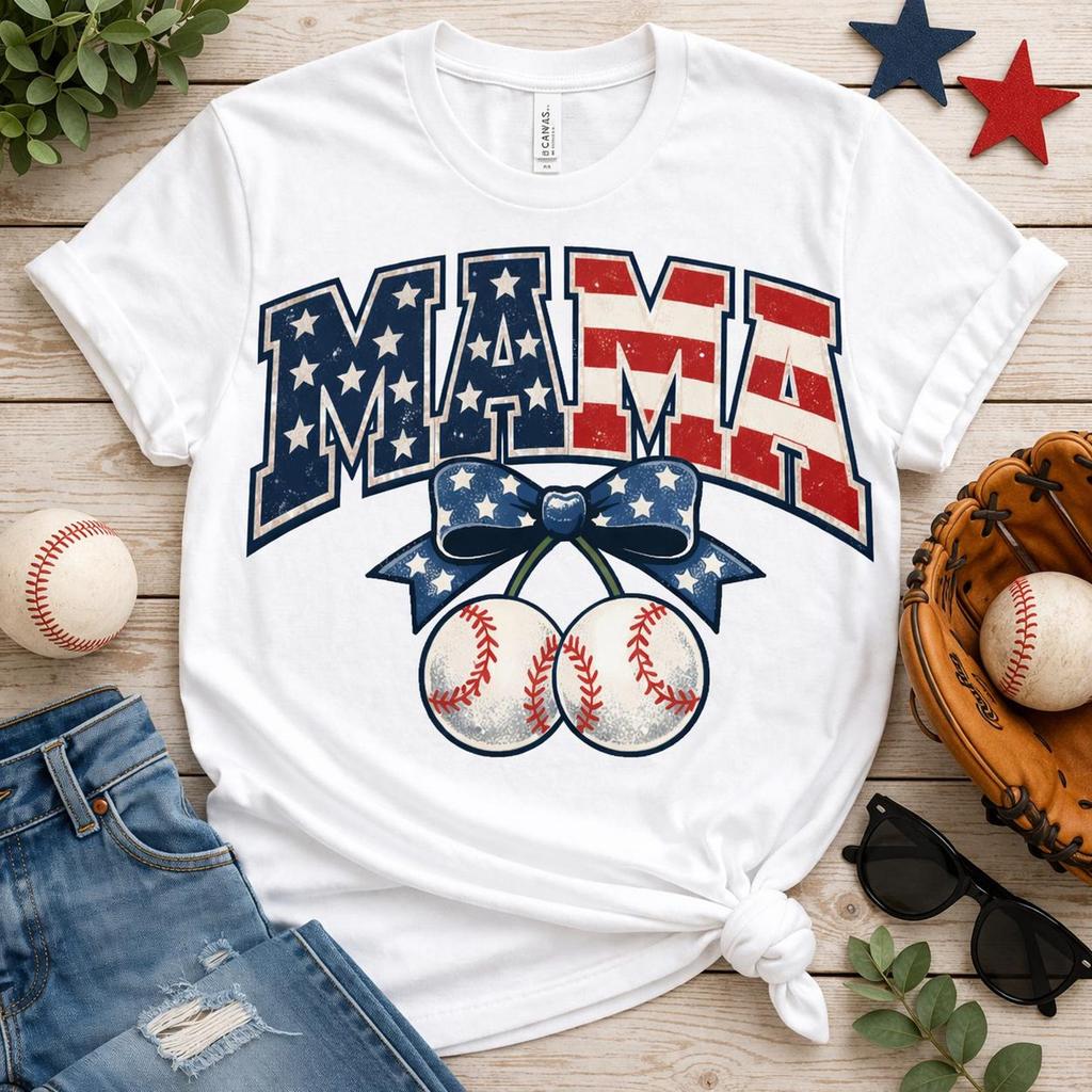 Baseball Mama Shirt Patriotic MAMA Tee Vintage 4th of July Shirt Mom Gift Game Day Baseball Mom T-Shirt USA Flag Tee