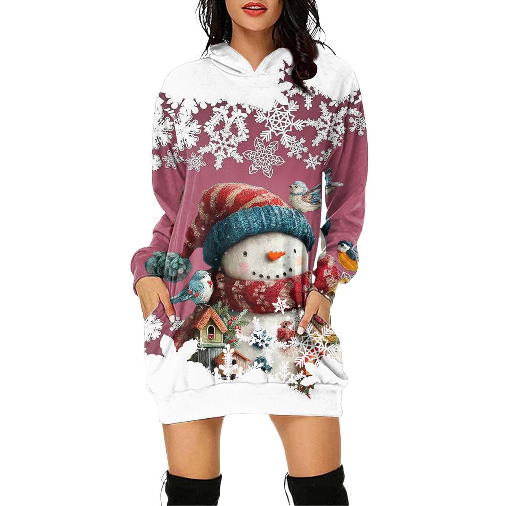 Rochie Pulover cu Glugă și Mâneci Lungi cu Buzunar și Imprimeu de Crăciun pentru Femei