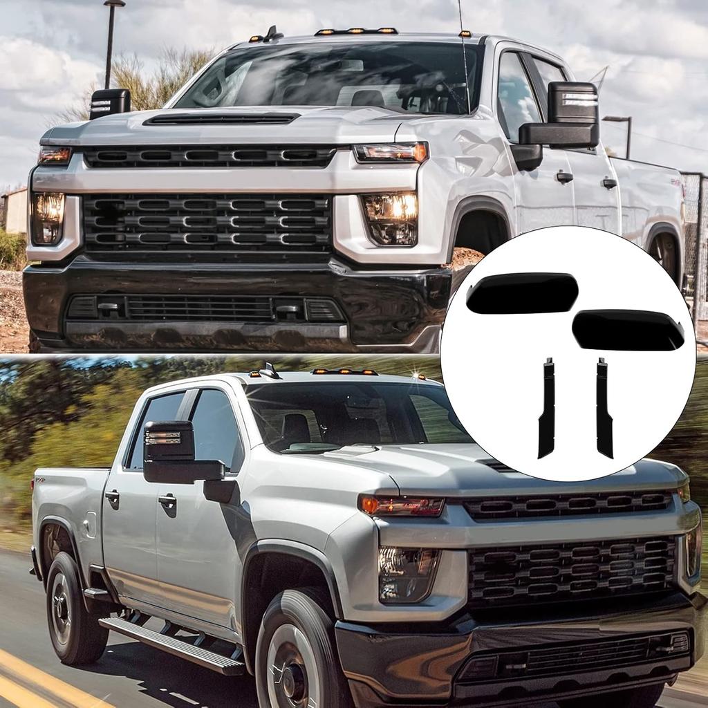 Glossy Black Towing Top+Side Clip-On Mirror Covers Replace for 2020 2021 2022 2023 2024 Chevy Silverado GMC Sierra 2500HD 3500HD (Black)