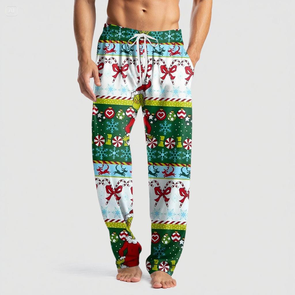 Pánské pletené módní potištěné kapsové ležérní kalhoty pyžamové kalhoty