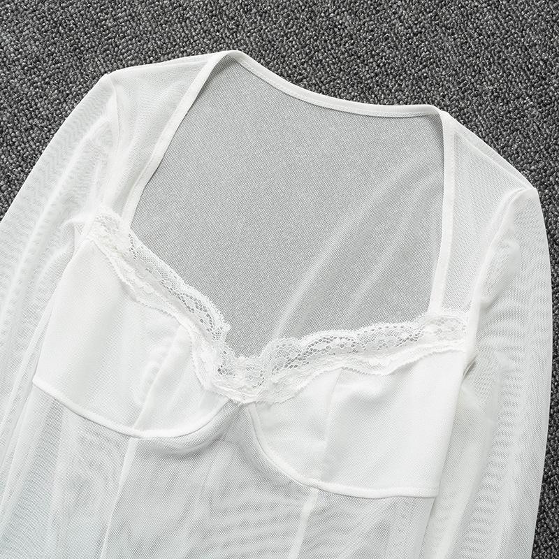 Moda Dantela Trim Mesh Crop Tops Anii 90 Estetică Mozaic Gât pătrat Mânecă lungă Alb Sexy Tricouri de vară