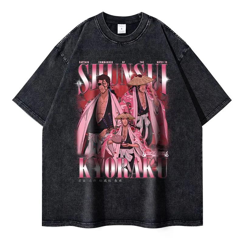 Anime Bleach Vintage Washed Tshirt Kurosaki Ichigo T Shirts Oversized Short Sleeve Streetwear Retro Manga Ulquiorra Tops Tees