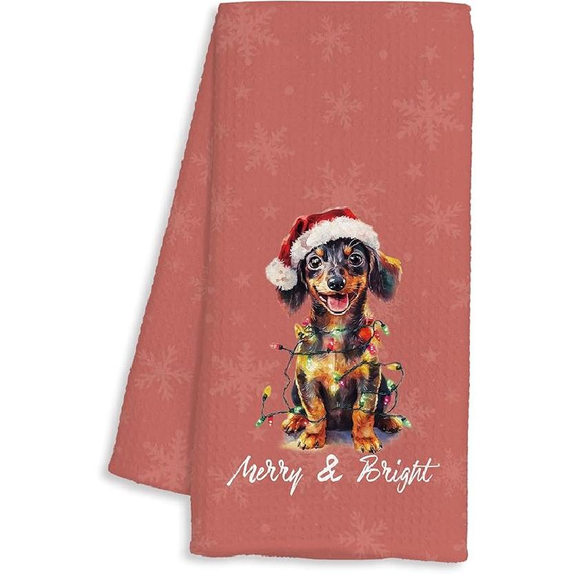 Christmas Dachshund Kitchen Towels, Dachshund Gifts for Women, Merry and Bright Xmas Lights Wiener Dog Decorative Dish Hand Tea Towels for Bathroom Dachshund