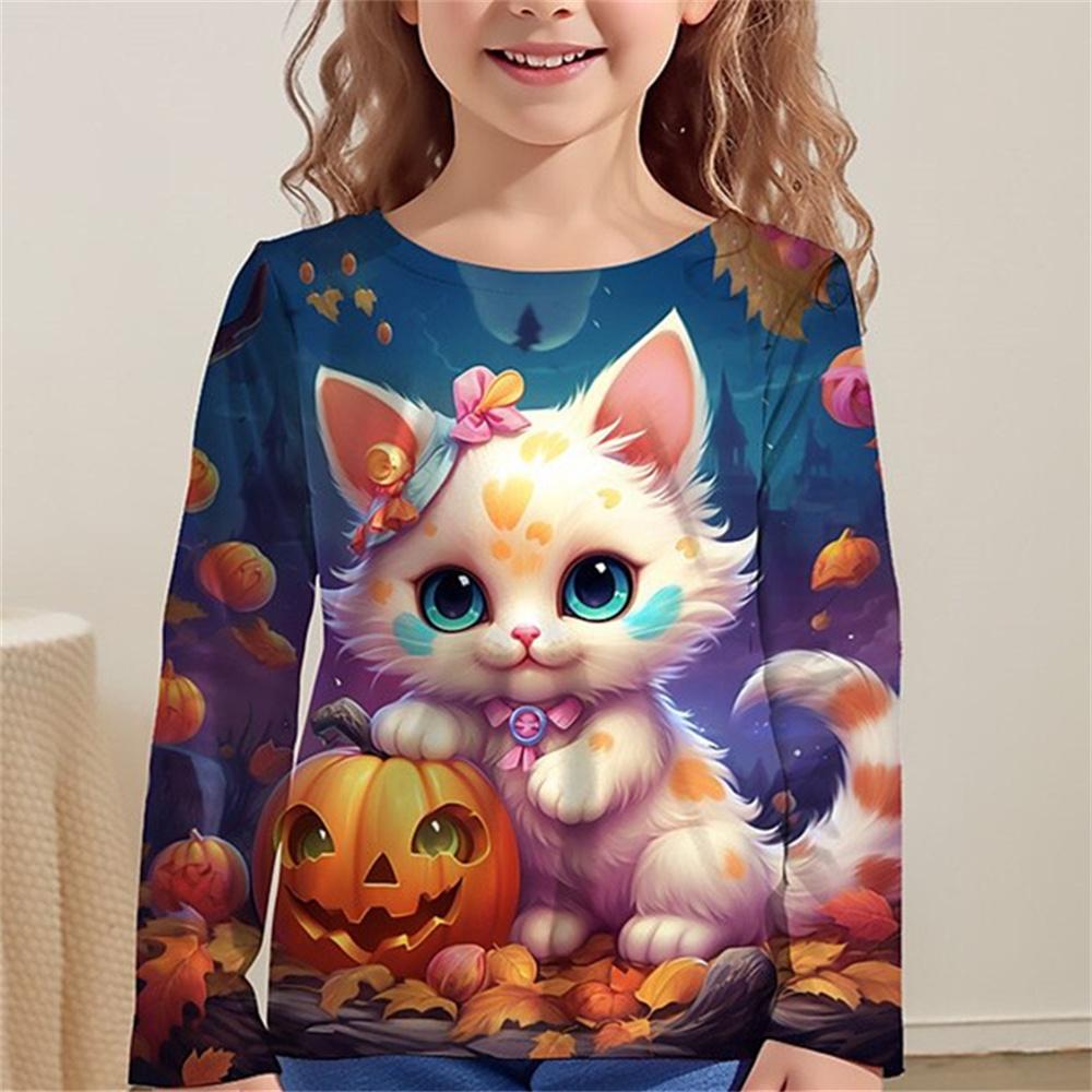 Cool Cat Kinder 3D Digitaldruck Mädchen Modisches und Bequemes Rundhals Langarm T-Shirt