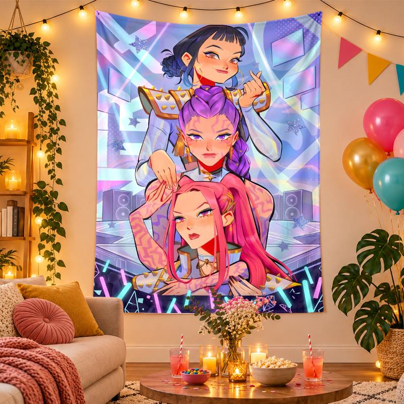 Polyester Wall Tapestry with Kpop Demon Hunters Design, Decorative Hanging for Bedroom Living Room Dorm